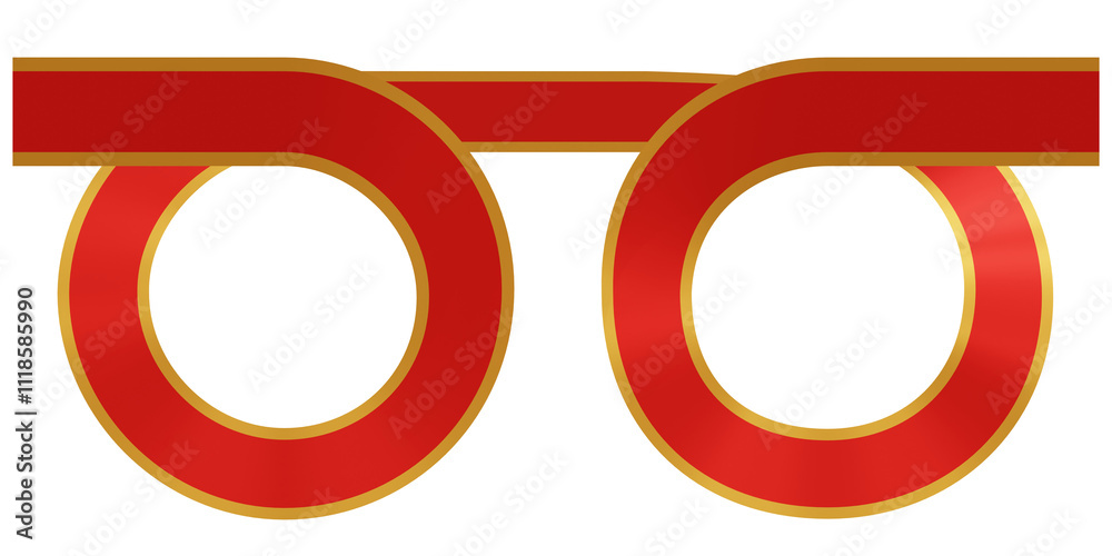 A red ribbon with gold trim in circle shapes. 3d rendering.