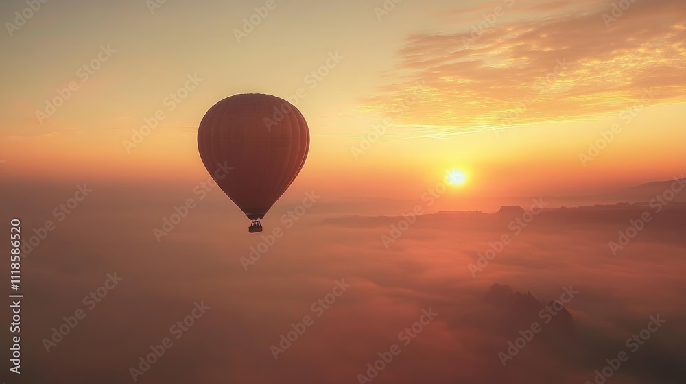 Hot Air Balloon Soaring Above Misty Sunrise Landscape Hot Air Balloon Soaring Above Misty Sunrise Landscape