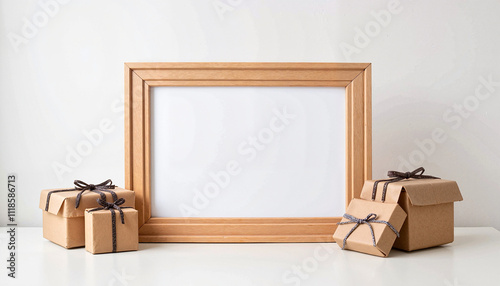 Wooden Frame with Wrapped Gift Boxes on a White Surface