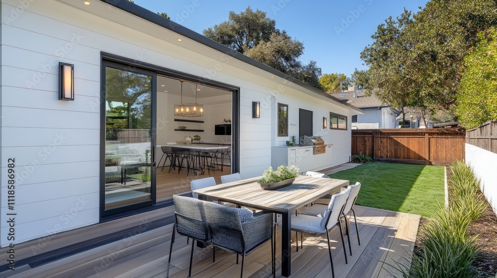 Fototapeta premium Modern home's backyard with patio furniture, deck, and sliding glass doors leading to a kitchen and living area.