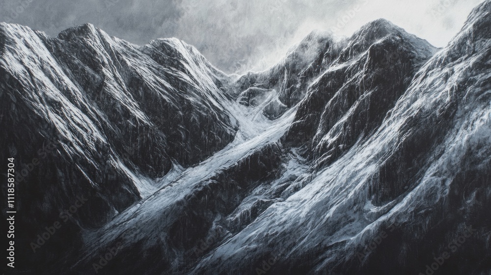 Obraz premium Majestic Snowy Mountain Range Under a Dramatic Sky