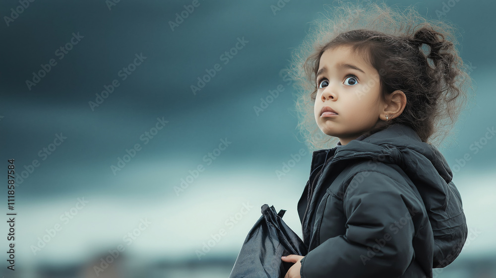 Young refugee girl holding her belongings in a plastic bag, looking up with wide eyes at the approaching storm clouds Young refugee girl holding her belongings in a plastic bag, looking up with wide eyes at the approaching storm clouds