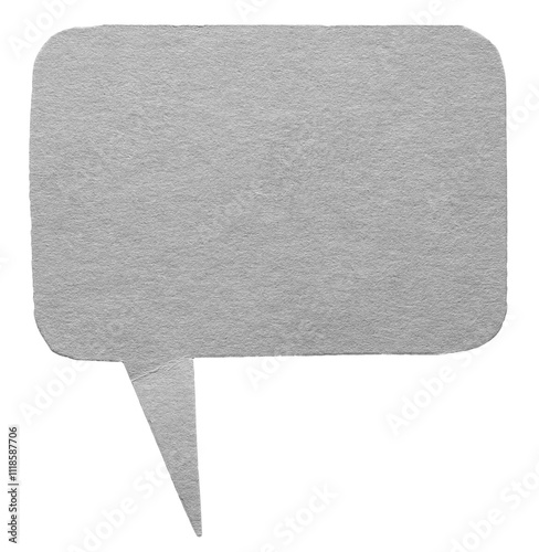 Grey gray blank cut out cardboard paper speech bubble with round rounded corners rough edges, copy space for text on transparent png background design element photo