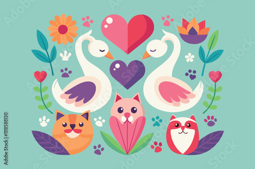 cute and colorful animal and floral design with swans and cats. eps 10