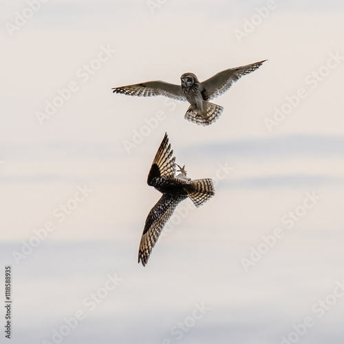 A pair of Short-Eared Owls flying in conflict
