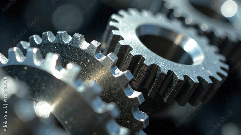 Close-up of a shiny gear mechanism, with teeth interlocked, contrasting metallic textures, bright reflections Close-up of a shiny gear mechanism, with teeth interlocked, contrasting metallic textures, bright reflections