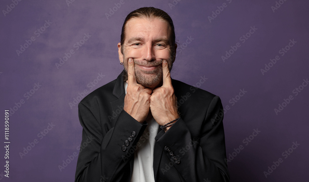 smiling confidently pointing to own fake smile smiling confidently pointing to own fake smile
