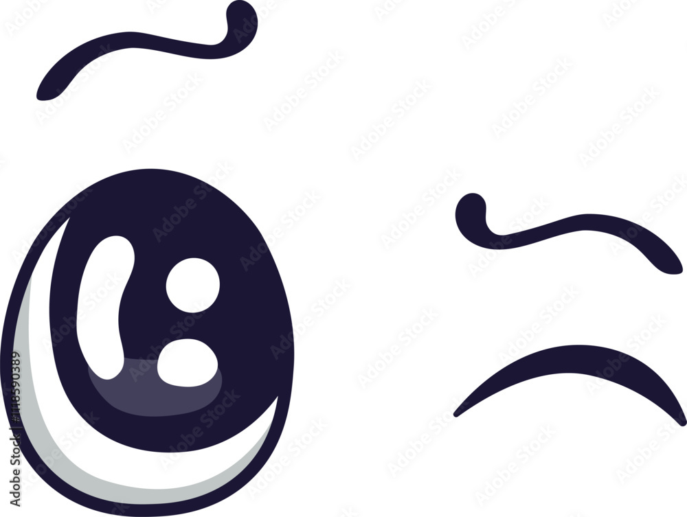 Winking cartoon eye with a raised eyebrow, radiating happiness and amusement, creates a playful expression. Simple vector illustration set against a white background adds charm and cheerfulness Winking cartoon eye with a raised eyebrow, radiating happiness and amusement, creates a playful expression. Simple vector illustration set against a white background adds charm and cheerfulness