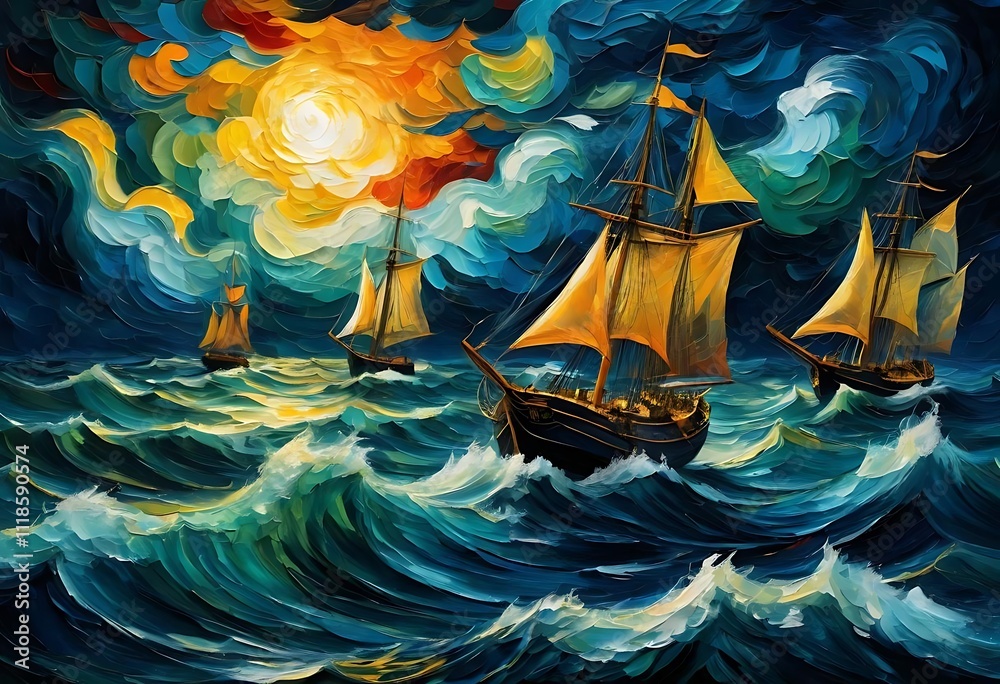 Naklejka premium Sunset at the sea. A sailboat with waves. Oil painting