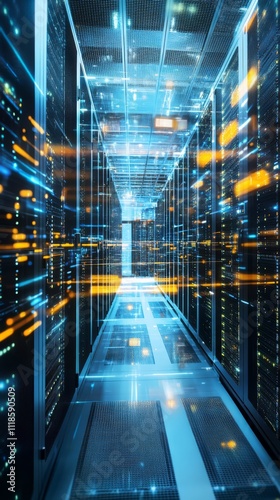 Data Stream: A futuristic server room interior with glowing data streams and servers.  The image evokes a sense of speed, power, and technological advancement.