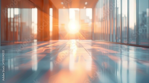 Sunlit Modern Office Corridor with City Skyline View at Sunset