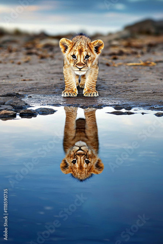 minimal photostock of a  Lion cub looking the reflection of an adult lion in the water , isolated on white background,  , copy space, copy space for text,