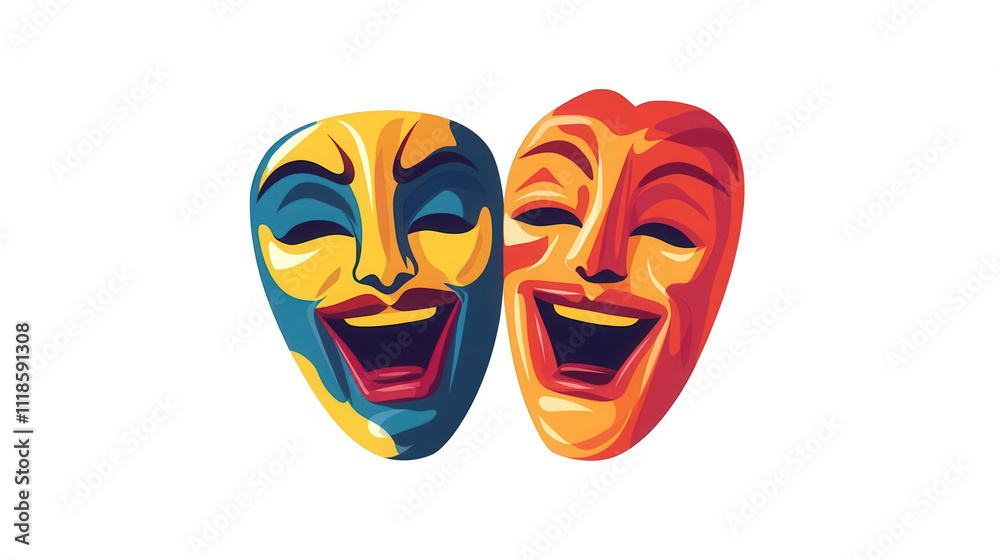Theatrical Mardi Gras Comedy and Drama Masks, flat vector design, transparent background, isolated on white, PNG file Theatrical Mardi Gras Comedy and Drama Masks, flat vector design, transparent background, isolated on white, PNG file