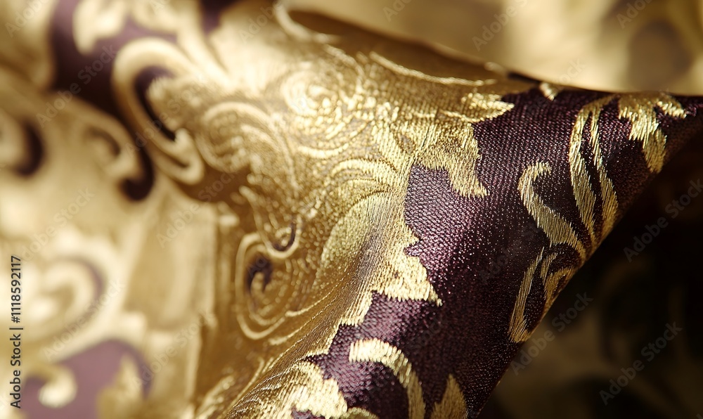 Close-up of luxurious gold and burgundy damask fabric with intricate pattern. Close-up of luxurious gold and burgundy damask fabric with intricate pattern.