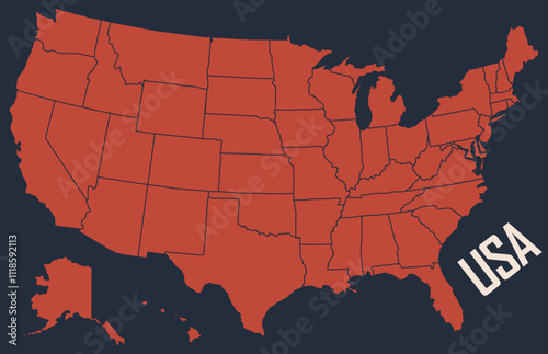 United States of American Map. USA Map. USA borders. USA silhouette. USA Map. Poster map of United States of America. Infographic design, USA with states, poster or geographic, political theme. Print 