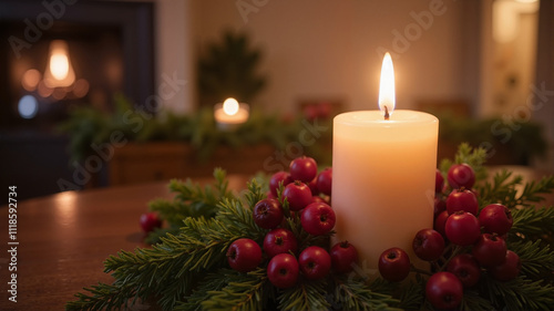 Warm glowing candle surrounded by red berries and evergreen leaves on a cozy table