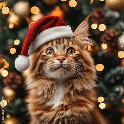 hyper realistic photo of  Xmas vibes - christmas mood - happy funny cute mainecoon cat wearing santa claus hat in front of christmas tree photo