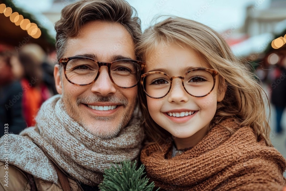 Winter holidays and people concept - happy father and little daughter choosing christmas tree at street market Winter holidays and people concept - happy father and little daughter choosing christmas tree at street market