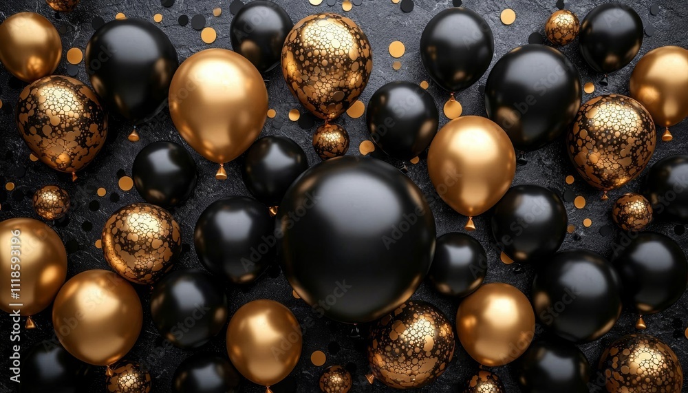 hyper realistic photo of Black and gold balloons with confetti on black background. Generative AI , isolated on white background, , copy space, copy space for text, hyper realistic photo of Black and gold balloons with confetti on black background. Generative AI , isolated on white background, , copy space, copy space for text,