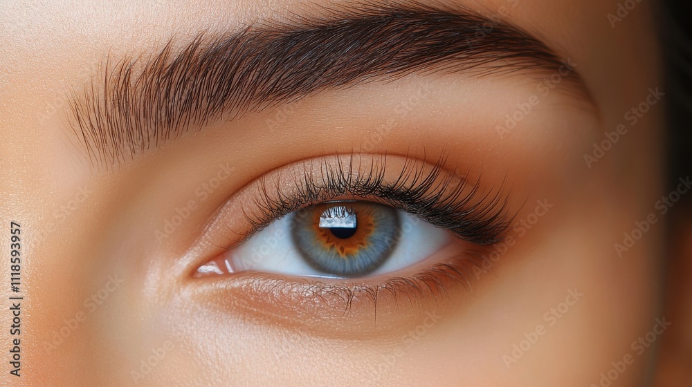 Close-up view of a woman's eye showcasing stunning blue and brown tones with long eyelashes in natural lighting Close-up view of a woman's eye showcasing stunning blue and brown tones with long eyelashes in natural lighting