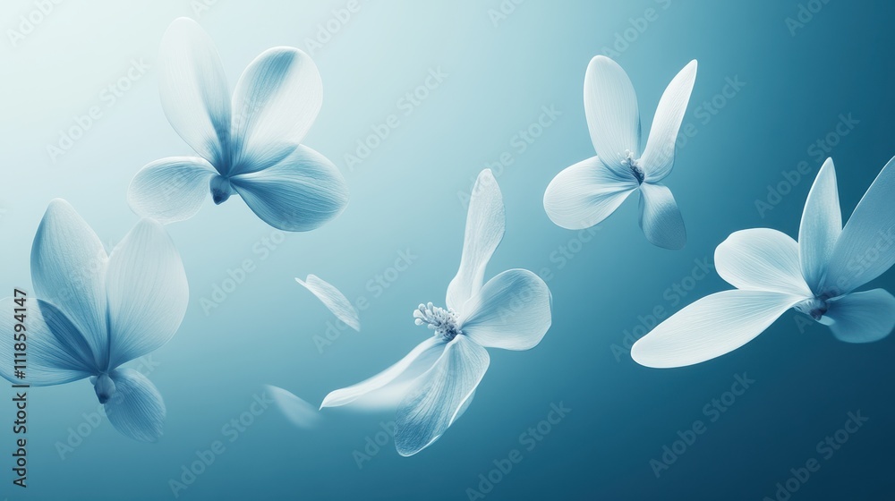 Fototapeta premium Delicate light blue magnolia blossoms floating in the air.