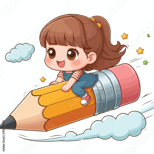 a girl is riding on a pencil vector