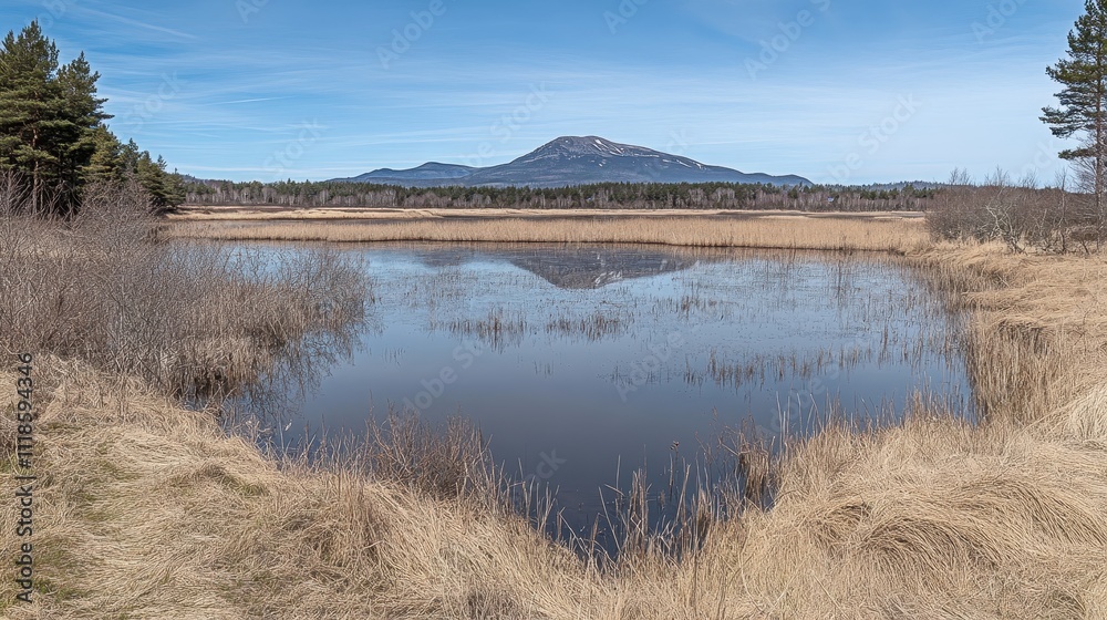 Tranquil marsh reflecting a mountain peak under a clear sky. Tranquil marsh reflecting a mountain peak under a clear sky.