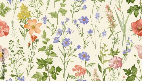 Dainty Abstract flower Bright and cute colors pattern, simple, neutral flowers on white background Seamless pattern of elegant, dainty, neutral watercolor floral for fabric, home decor, and wrapping