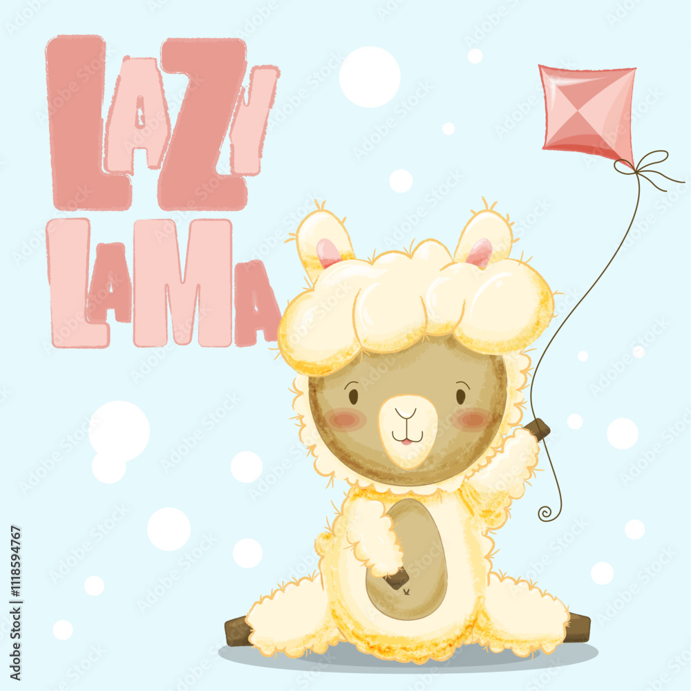 Fototapeta premium cute watercolor llama with a kite with lazy lama lettering