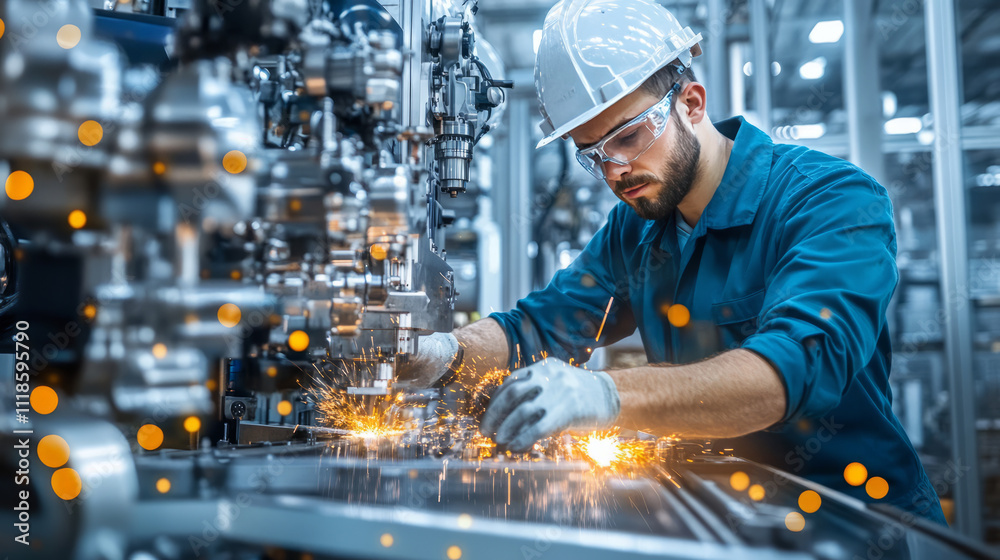 Industrial worker wearing a hard hat and safety goggles operating machinery with sparks in a modern factory. Manufacturing and engineering concept. Design for industry, technology, and production. Industrial worker wearing a hard hat and safety goggles operating machinery with sparks in a modern factory. Manufacturing and engineering concept. Design for industry, technology, and production.