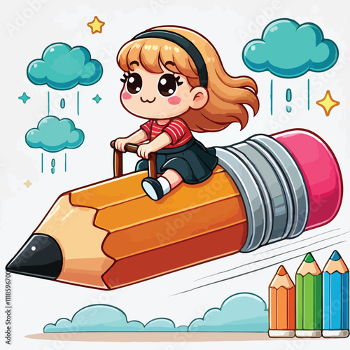 a girl is riding on a pencil vector