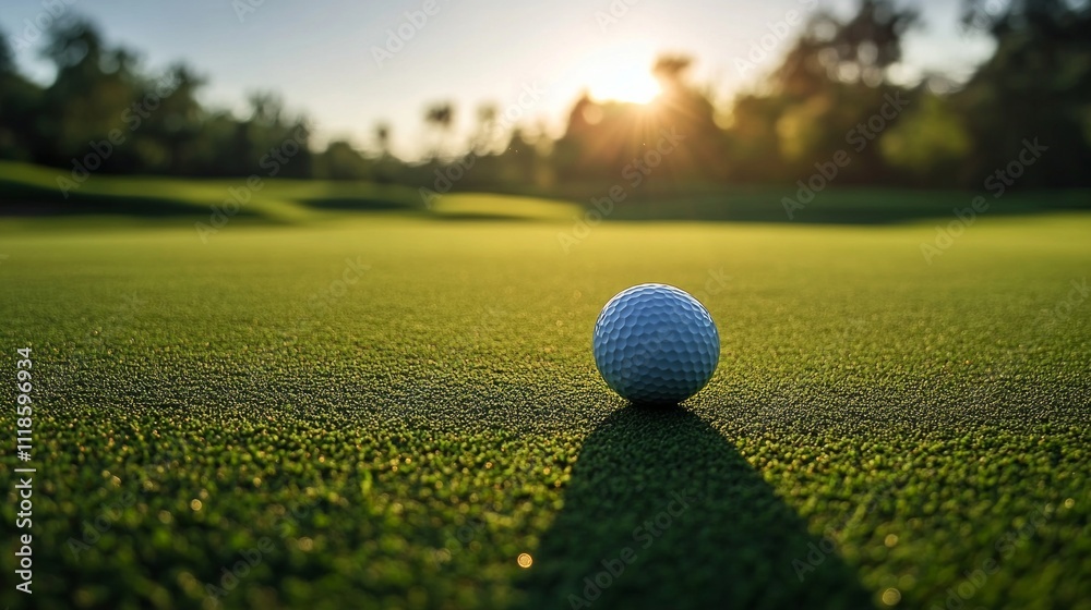 Golf ball on pristine course with sunset background Golf ball on pristine course with sunset background