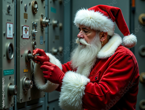 A man dressed as Santa Claus is opening a door with a key photo