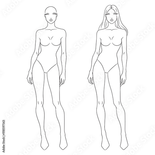 Eight-head fashion figure template. The female fashion croquis. Vector line illustration of a young woman wearing lingerie, isolated on a white background.