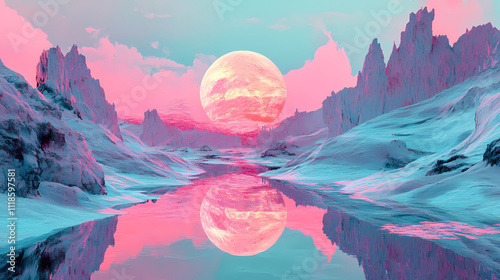 Surreal mirror meltdown in pink and cyan landscape. Mirage. Illustration photo