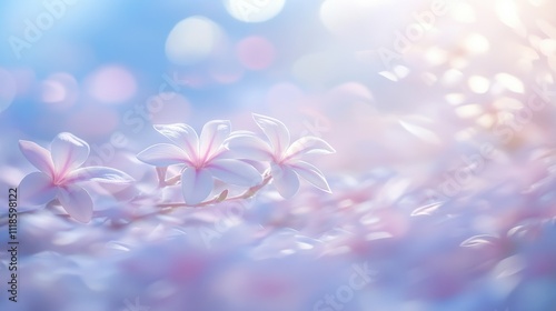 Delicate white flowers in soft pastel colors, blurred bokeh background.