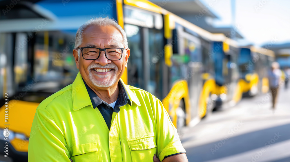 Happy senior bus driver posing with arms crossed, yellow buses in the background at a bustling bus station Happy senior bus driver posing with arms crossed, yellow buses in the background at a bustling bus station