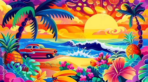 Vintage Cars at Tropical Sunset with Vibrant Colors and Palm Trees by the Ocean