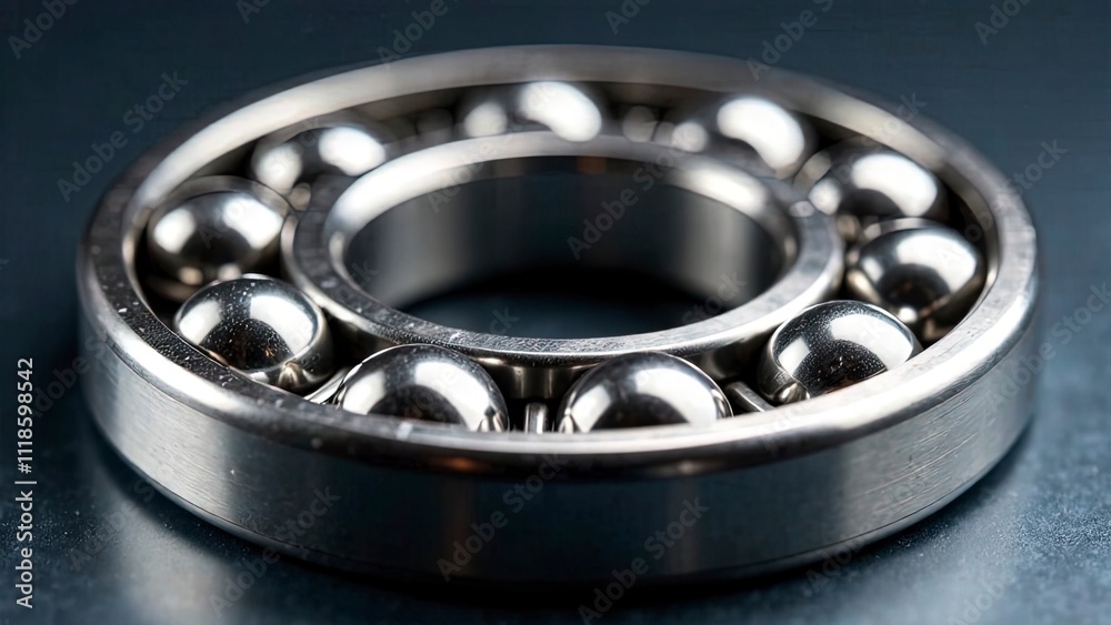 Detailed close-up of stainless steel ball bearings, glossy surface and sharp reflections, studio lighting Detailed close-up of stainless steel ball bearings, glossy surface and sharp reflections, studio lighting