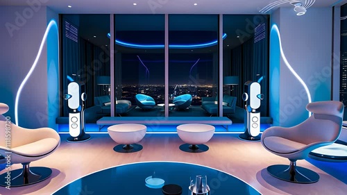 Futuristic Lounge with Neon Lighting, Panoramic City View, and Modern Furniture in a Sleek Interior

 photo