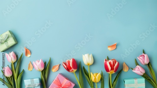 A beautiful ornament tulips and petals scattered on a pink background