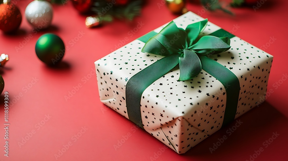 Christmas Gift Box Green Ribbon Stars Pattern Festive Red Background Christmas Gift Box Green Ribbon Stars Pattern Festive Red Background