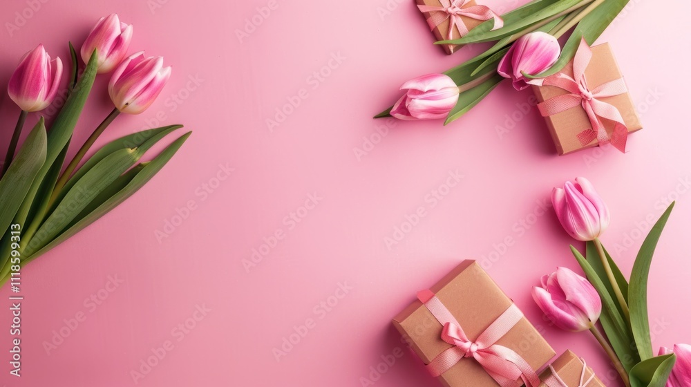 Fototapeta premium A beautiful ornament tulips and petals scattered on a pink background