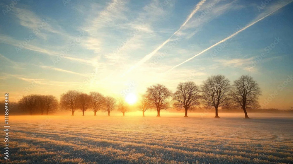 Frosty morning landscape with golden sunrise Frosty morning landscape with golden sunrise