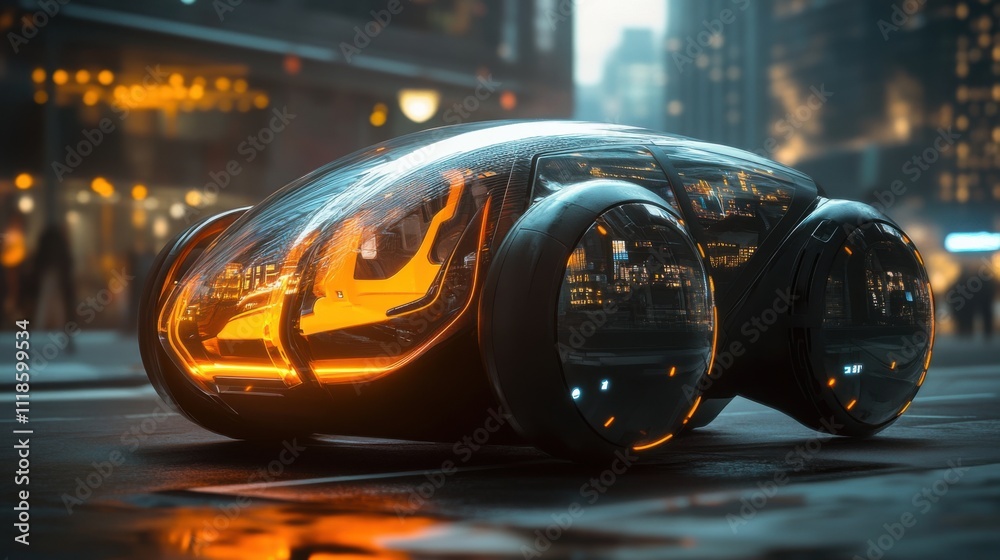 Futuristic autonomous vehicle in urban setting Futuristic autonomous vehicle in urban setting