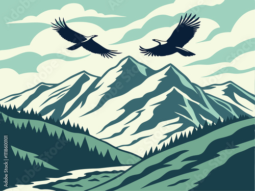 majestic mountain landscape with soaring eagles in the sky