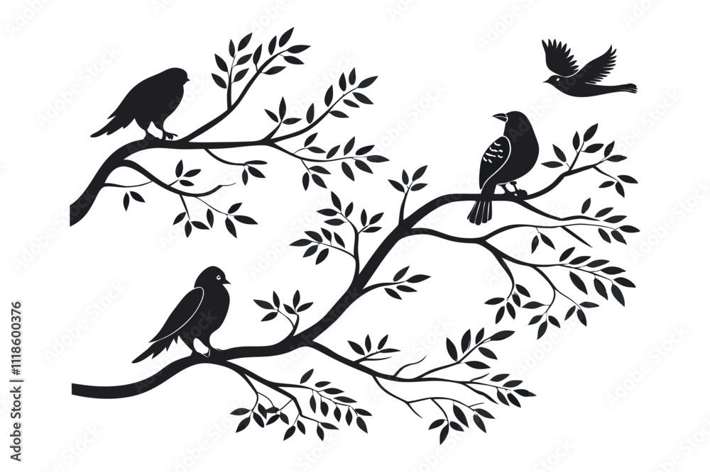 black and white illustration of birds on a leafy tree. eps 10 black and white illustration of birds on a leafy tree. eps 10