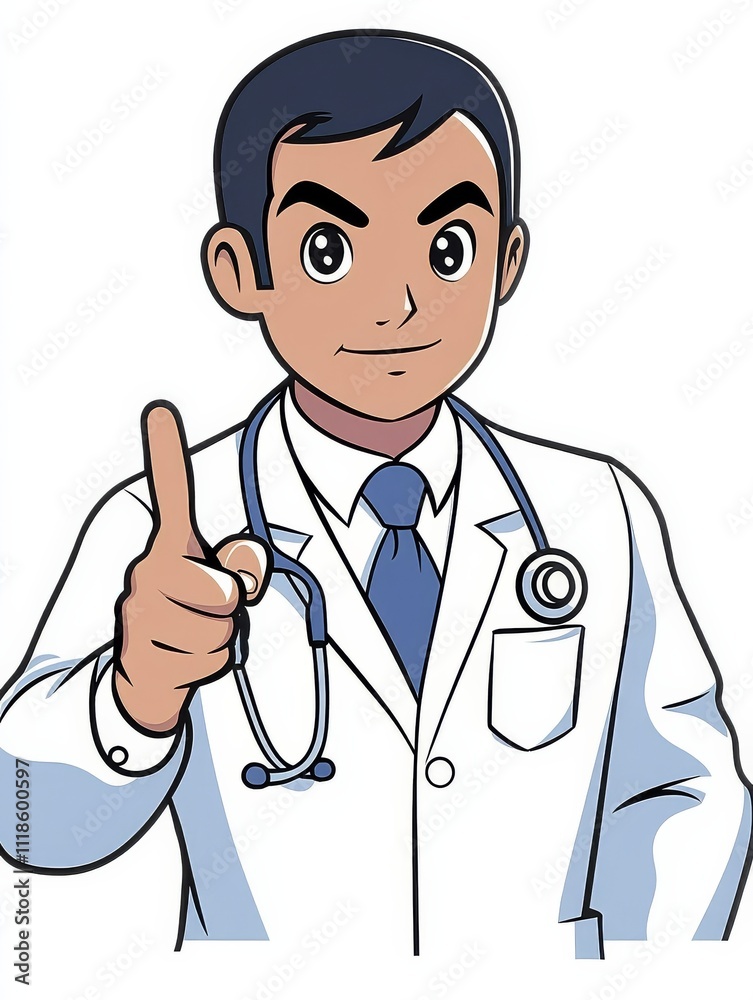 Close-up of cartoon doctor in bright urban clinic promoting health awareness Close-up of cartoon doctor in bright urban clinic promoting health awareness
