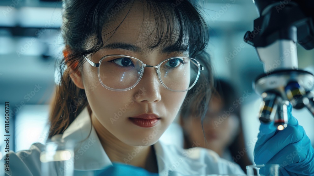 Asian female scientist analyzing petri dish samples under a microscope in a state-of-the-art pharmaceutical lab. Colleagues working on biotech research Asian female scientist analyzing petri dish samples under a microscope in a state-of-the-art pharmaceutical lab. Colleagues working on biotech research