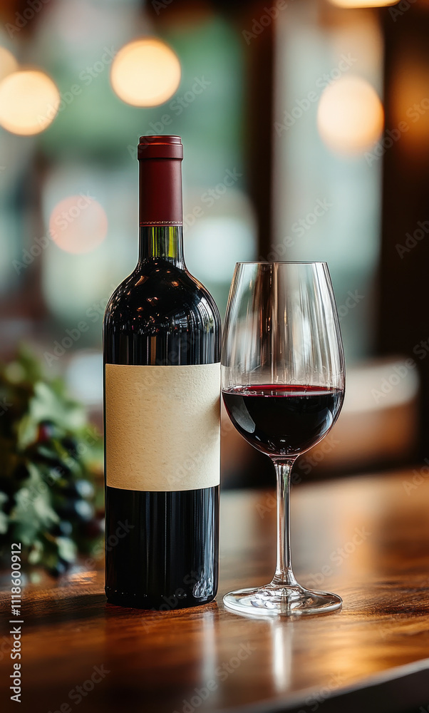 Beautiful red wine bottle and glass on a wooden table in a cozy restaurant during evening hours with warm lighting Beautiful red wine bottle and glass on a wooden table in a cozy restaurant during evening hours with warm lighting